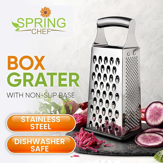 Spring Chef 4 Sided Large Box Grater with Handle & Stainless Steel Magnetic Measuring Cups & Spoons Set of 15 with Leveler, Multicolor- 2 Product Bundle