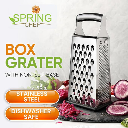 Spring Chef 4 Sided Large Box Grater with Handle & Stainless Steel Magnetic Measuring Cups & Spoons Set of 15 with Leveler, Multicolor- 2 Product Bundle