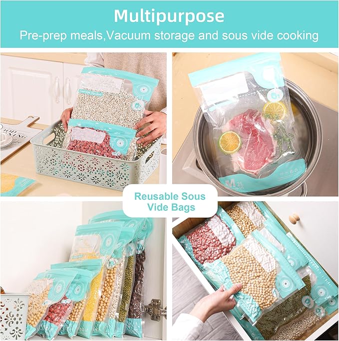 Sous Vide Bags Reusable, BPA Free Food Vacuum Sealer Bags, Double-sided 20C, Vacuum Food Storage Bags for Sous Vide Cooking/Microwave Heating, 20pcs Vacuum Zipper Bags (10.2x13.4inch)