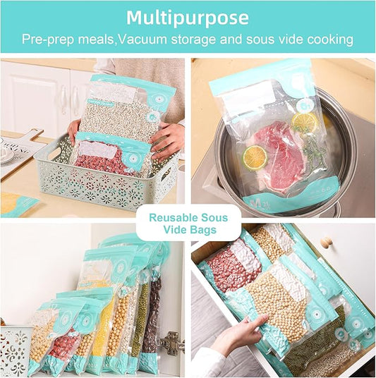 Sous Vide Bags Reusable, 20 PCS BPA Free Food Vacuum Sealer Bags, Double-sided 20C, Vacuum Zipper Bags for Sous Vide Cooking, 20pcs food storage bags & 4 Seal Clips (7.9x 11.8 Inch)