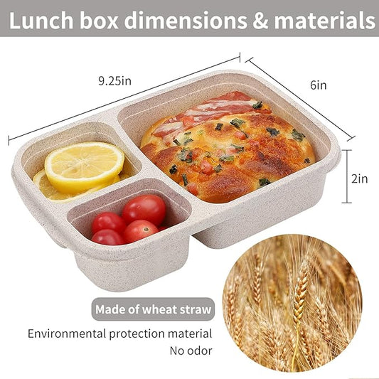 8 Pack Bento Lunch Box Set 3 Compartment Wheat Straw Meal Prep Food Storage Containers Plastic, Microwave and Dishwasher Safe(light colour)