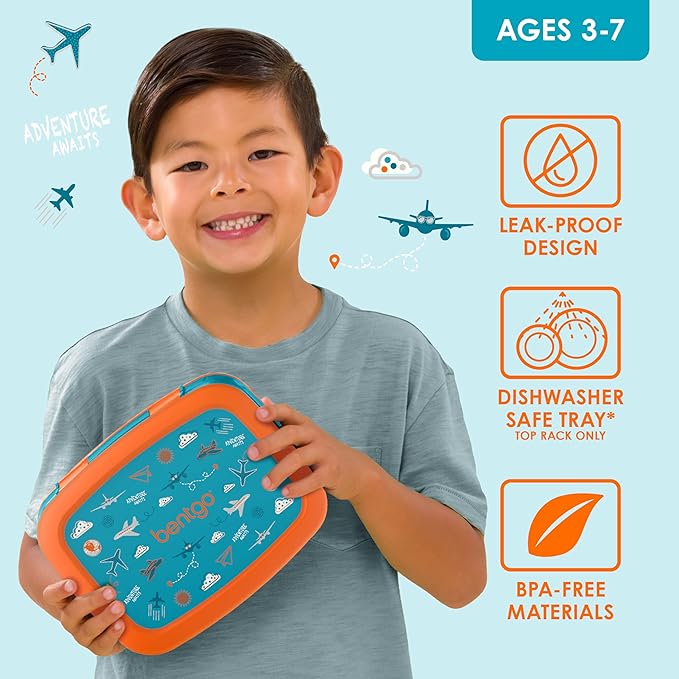 Bentgo Kids Prints Leak-Proof, 5-Compartment Bento-Style Kids Lunch Box - Ideal Portion Sizes for Ages 3-7, Durable, Drop-Proof, Dishwasher Safe, & Made with BPA-Free Materials (Planes)