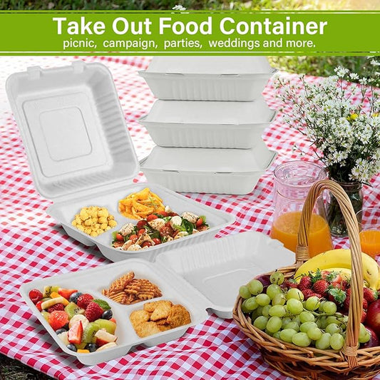 greensight Compostable Take Out Food Container 8X8, 100 Pack 3 Compartment Clamshell Food Container, Disposable To Go Food Boxes, Biodegradable Food Containers Made of White Sugar Cane Fibers