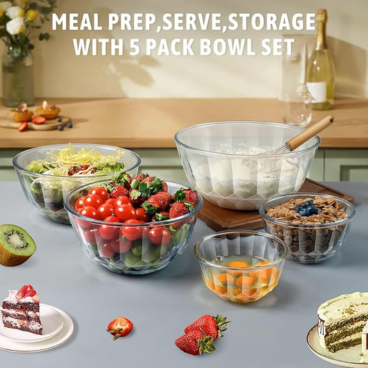 Mixing Bowls with Airtight Lids Sets, 5 Packs Thick Glass Nesting Bowls for Kitchen Baking, Meal Prepping, Bpa Free, Dishwasher Safe, 0.5/0.8/1.6/2.7/4.4 Qt