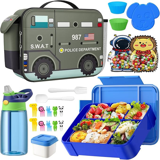 Bento Box for Kids with Insulated Lunch Bag, Lunch box Set with Kids Water Bottle, Ice Pack, Utensils, Sauce Container, Lunch Container for Kids, Toddlers, Boys Age 3-15(Black Police Car)