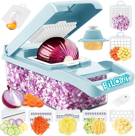 Vegetable Chopper, Onion Chopper, Mandolin Slicer,Pro 10 in 1professional food multifunctional Vegetable Chopper and Slicer, Dicing Machine, AdjustableVegetable Cutter Container (Blue>White Mix)