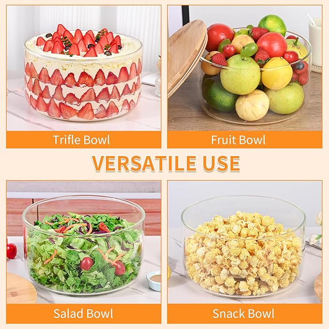 Large Glass Salad Bowl with Lid 195oz, Large Mixing Bowl with Lid for Salad, Fruit, Dessert, 9.8" Clear Trifle Bowl Glass for Family, Keep Food Fresh, Microwave and Dishwasher Safe