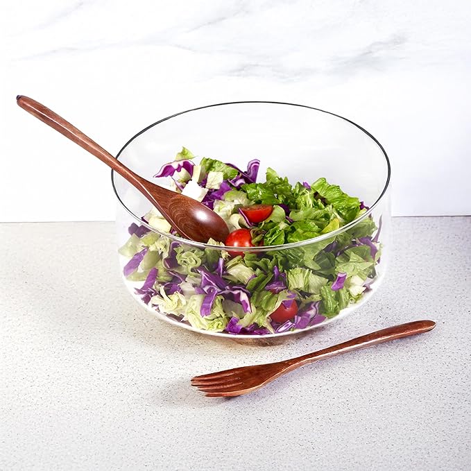 LiTY Glass Salad Bowl Set, 9″ Medium Salad Servers with Acacia Wood Base and Salad Serving Utensils, for Party, Fruits, Popcorn, Chips, Pasta, Kitchen Must-Have
