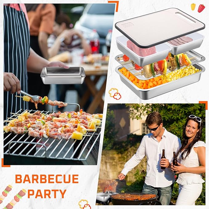 5 Pcs Grill Prep Trays Set BBQ Prep and Serve Include Stainless Steel Deep Grilling Platter Shallow BBQ Serving Tray Cutting Board 2 Pcs Marinade Containers with Lids
