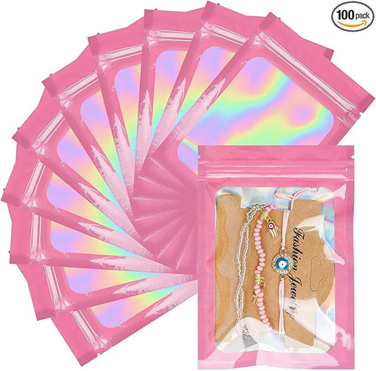 100 Pcs Mylar Bags Pink Holographic Bags with Clear Window Resealable Bags for Food Storage Packaging for Small Business(4×6Inch)