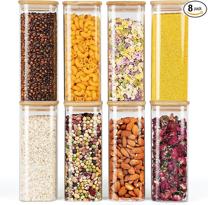 Glass Jars with Bamboo Lids 34 FL OZ, 8 Pack Glass Canisters with Airtight Lid, Square Glass Kitchen Storage Containers for Pasta, Cereal, Coffee, Flour, Sugar, Oats, Beans