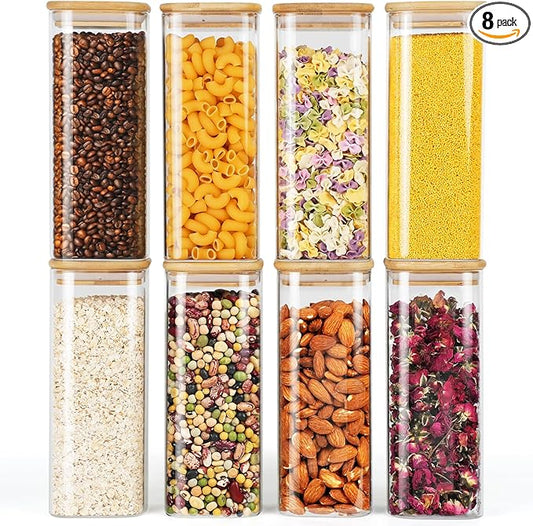 Glass Jars with Bamboo Lids 34 FL OZ, 8 Pack Glass Canisters with Airtight Lid, Square Glass Kitchen Storage Containers for Pasta, Cereal, Coffee, Flour, Sugar, Oats, Beans
