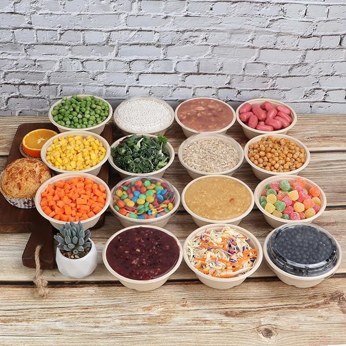 10 oz Round Disposable salad bowls with lids, Sugarcane Fiber Paper Bowls take away food containers Plant Fibers Freezer Safe 50 Pack