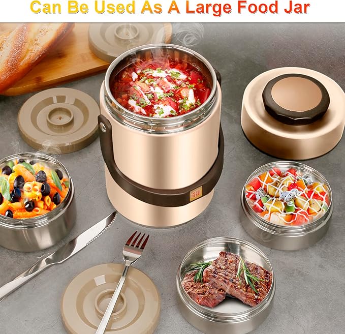 67 oz Adults Stainless Steel Vacuum Insulated Wide Mouth Soup Food Thermos Hot Food Jar with Keep Thermal Portable 3 Tier Stackable Bento Hot Food Containers Lunch Boxes (67 oz Gold)