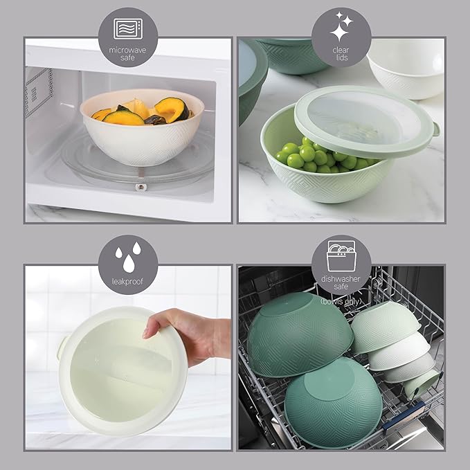 COOK WITH COLOR Mixing Bowls with Lids - 12 Piece Plastic Nesting Bowls Set includes 6 Prep Bowls and 6 Lids, Non Slip Bottom and Rhombus Design - Microwave Safe (Sage)