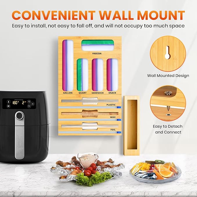 Bag Storage Organizer with Foil and Saran Wrap Dispenser With Cutter For Kitchen Drawer - 9 in 1 Bamboo Plastic Food Bag Storage Containers Perfect For Gallon, Quart Bags & 12" Rolls