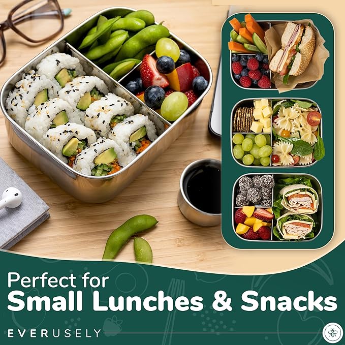 Everusely - Bento Box for Kids - Orange, 6.5x4.7 / 27oz - Stainless Steel Lunch Box w/Leakproof Condiment Container - 3 Compartment Snack Box for School, Office Meals - Freezer & Dishwasher Safe