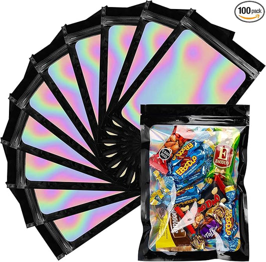 100 Pcs Black Holographic Mylar Bags with Window Smell Proof for Food Storage and Small Business(5.5×8Inch)