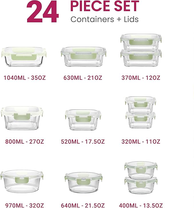 FineDine 24 Piece Glass Storage Containers with Lids - Airtight, Leak Proof, Dishwasher Safe, Glass Food Storage, Food Storage Containers, Meal Prep Containers, Green