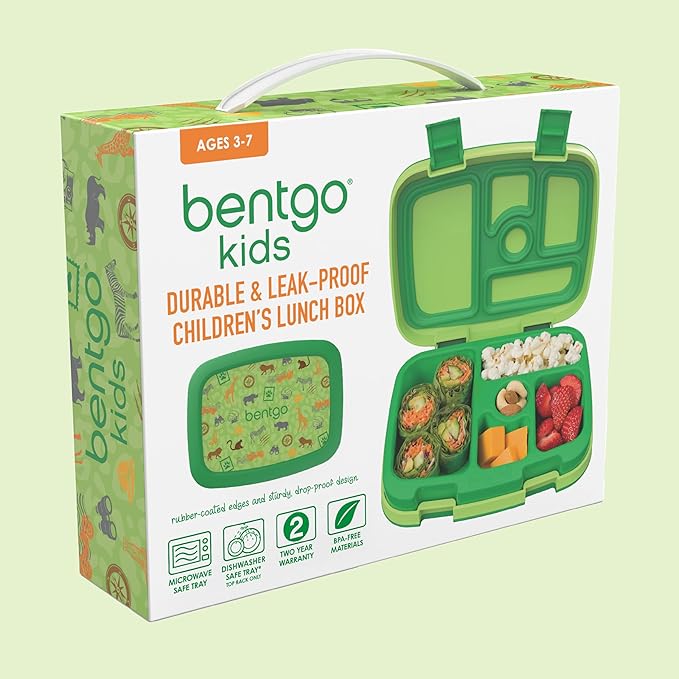 Bentgo Kids Prints Leak-Proof, 5-Compartment Bento-Style Kids Lunch Box - Ideal Portion Sizes for Ages 3-7, Durable, Drop-Proof, Dishwasher Safe, & Made with BPA-Free Materials (Safari)