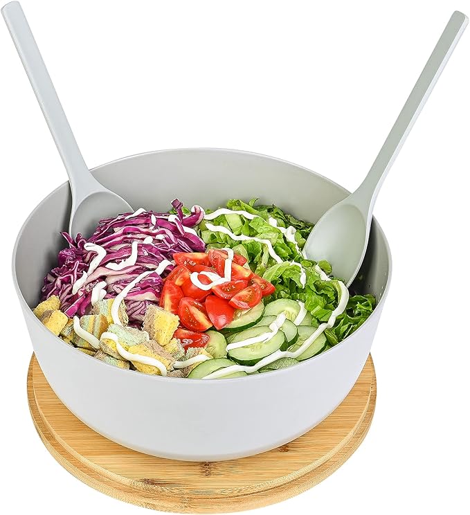 Bamboo Fiber Salad Bowl with Servers Set - Large 9.8 inches mixing bowls Solid Bamboo Salad Wooden Bowl with Bamboo Lid Spoon for Fruits,Salads and Decoration (Grey, 9.8INCH)