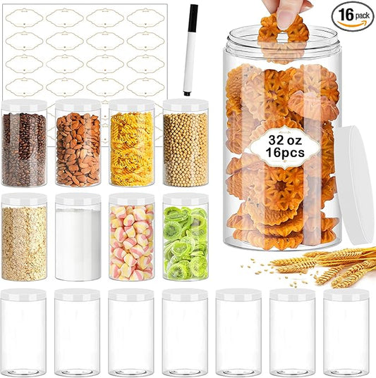 32 OZ Plastic Jars,16 Pcs Clear Plastic Jars with White Lids Round Empty Storage Jar Wide Mouth Refillable Storage Container with Lids for Household and Kitchen Food Organizing