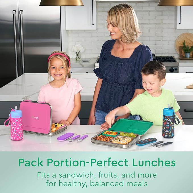 Bentgo Kids Stainless Steel Leak-Resistant Lunch Box - 3-Compartments with Bonus Silicone Container, Durable, Eco-Friendly, Dishwasher Safe, BPA-Free, Ideal for School, Ages 3+ (Green)