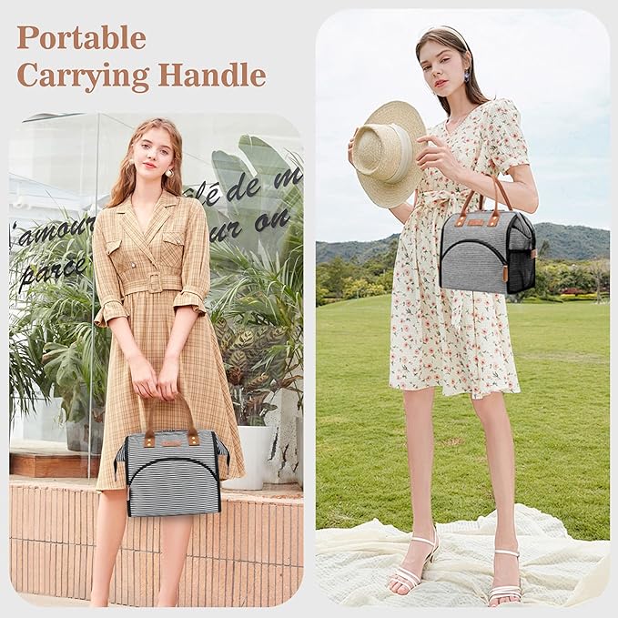 LOKASS Lunch Bag Insulated Lunch Box Wide-Open Lunch Tote Bag Large Drinks Holder Durable Canvas Thermal Snack Organizer for Women Men Adults Work Picnic Hiking Beach Fishing,Stripes
