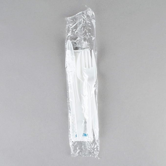 100 Pack Medium Weight Wrapped white Plastic Cutlery Pack with Napkin and Salt/Pepper Packets (White)