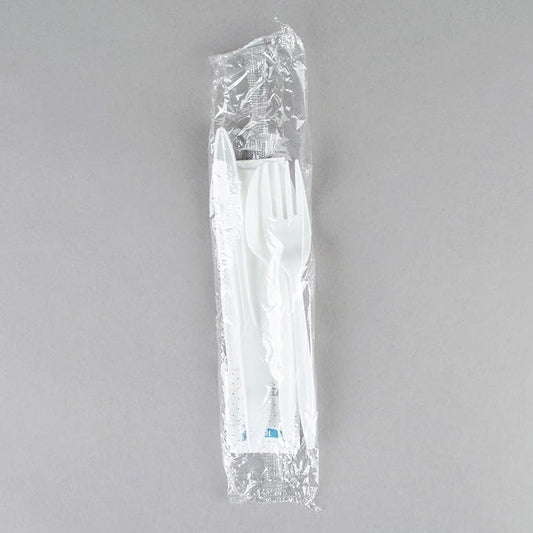 100 Pack Medium Weight Wrapped white Plastic Cutlery Pack with Napkin and Salt/Pepper Packets (White)