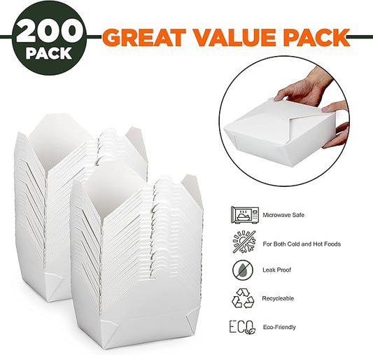 Fit Meal Prep 200 Pack 76 oz Paper Take Out Containers 8.6 x 6.3 x 2.5 - White Lunch Meal Food Boxes #3, Disposable Storage To Go Packaging, Microwave Safe, Leak Grease Resistant for Restaurant