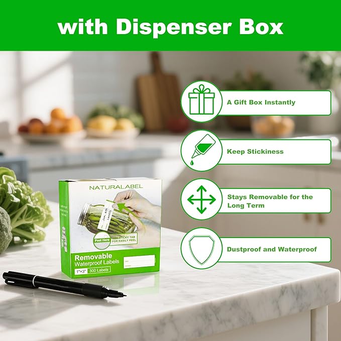 NATURALABEL 300 PCS Removable Freezer Labels with Dispenser - 1" x 3" Food Labels for Meal Prep Containers & Pantry Organizers, Easy Peel-Off Design, No Residue (Green)