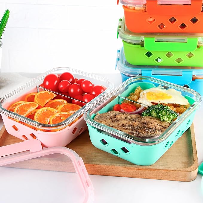 Divided Glass Storage Containers with Silicone Sleeve for Lunch, Glass Meal Prep Containers 2 Compartment with Lids (5 Pack, 34oz), Leak-Proof Portion Control Food Containers, Dishwasher Safe