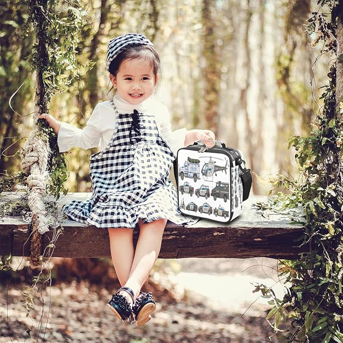 Police Car Lunch Box Kids Insulated Lunch Bag for Boys Girls, Reusable Waterproof Lunch Box with Adjustable Shoulder Strap Cooler Tote Bag for School, Work, Picnic