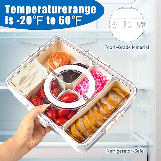 Bandesun Divided Serving Tray with Lid and Handle - Clear Organizer for Candy, Fruits, Nuts, Snacks - Perfect for Party, Entertaining - Snackle Box Charcuterie Container for Portable Snack Platters