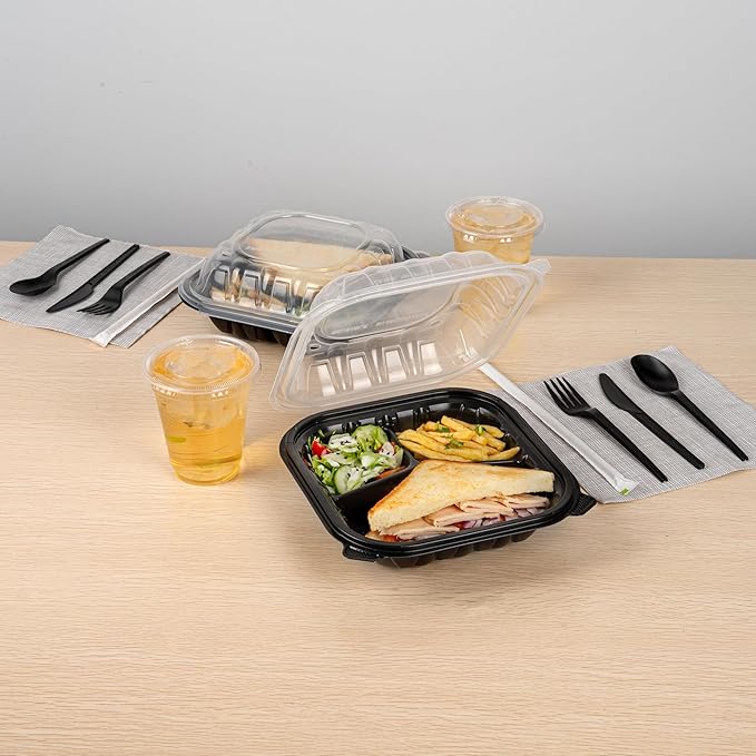 Restaurantware-Thermo Tek 34 Ounce Clamshell Containers, 50 Disposable Take Out Boxes - 3 Compartments, Ventilated Lids, Black Plastic Meal Prep Containers, Microwavable, For Pasta Or Salads