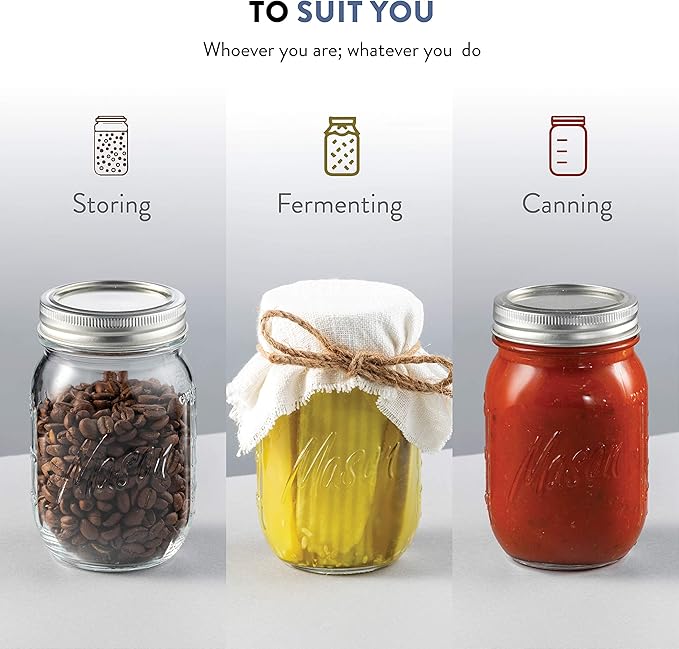 Paksh Novelty Mason Jars with Lids & Sealer - 10 Pack 16 Oz Regular Mouth Glass Canning Jars - Food Storage Container - Airtight Container for Pickling, Home Decor, Overnight Oats, Fruit Preserves