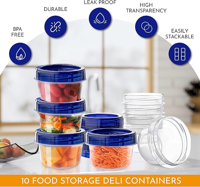 AQUA BLUE Soup Freezer Storage Containers With Twist Top lids [16 Oz - 10 Pack] Reusable Plastic Food Container with Screw On Lids, leak proof, Airtight, Stackable, Microwave Safe BPA Free