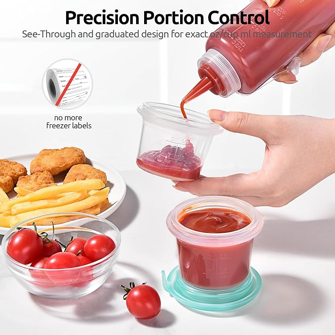 U-Taste 2oz Silicone Food Container: Mini Kitchen Storage with Airtight Lid, Freezer & Microwave Safe, Dip Box with Date Marking Circle, Clear Round Stackable for Sauce, Dressing, Condiment -Aqua Sky
