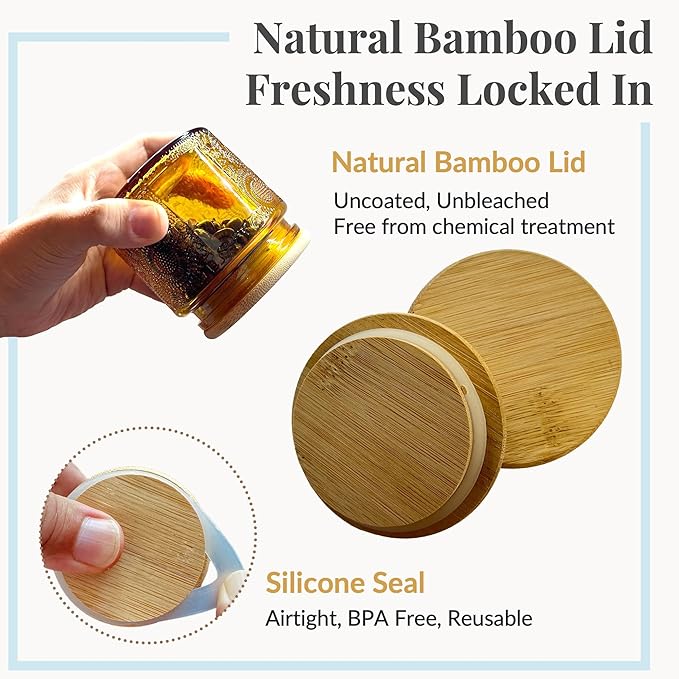 12 oz Decorative Glass Storage Jars with Airtight Bamboo Lids - 8 Pack Blue - Sunflower Embossed Spice, Candle & Home Organizer Set