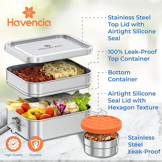 Stackable Stainless Steel Lunch Box With Snack Box 1400ml - Bento Box for Kids & Adults, Lunchable Food Container, Eco-Friendly Metal for School, Work & Travel
