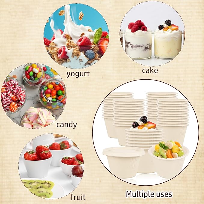 160 Pcs 4 oz Bagasse Fiber Souffle Cups with Lids Natural Disposable Paper Condiment Cups Compostable Portion Cups Sample Bowls for Snack Tasting Salad Dressing Food Storage