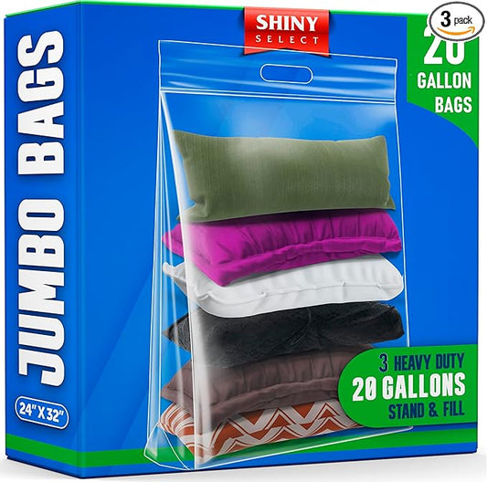 20 Gallon Jumbo Storage Bag with Handle, Resealable Zipper Top 24x32, 3 Bags - Clear Big Plastic, Extra Large XL, 4 Mil Thick Heavy Duty for Travel, Moving, Clothing, Bedding