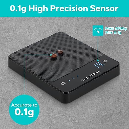 CASABREWS ZD216 Coffee Scale with Timer, 0.1g High Precision Mini Espresso Scale with Silicone Cover, Rechargeable Small Digital Kitchen Scale for Espresso and Pour-Over, LCD Display, 6.6lbs/3kg