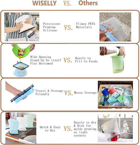 Reusable Food Storage Gallon Silicone Bags Quick Dry Dishwasher Safe Stand-Up SnapBags Freezer Bag