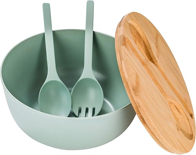 GEHE Bamboo Fiber Salad Bowl with Servers Set - Large 9.8 inches mixing bowls Solid Bamboo Salad Wooden Bowl with Bamboo Lid Spoon for Fruits,Salads and Decoration (Blue -green, 9.8INCH)