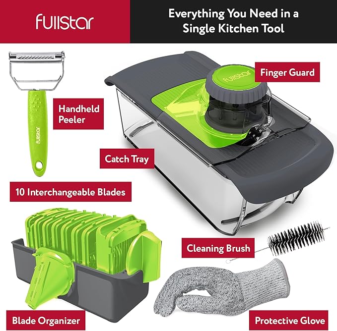 Fullstar Vegetable Chopper, Mandoline Slicer - Cheese Grater, Food Chopper with Container, Kitchen Gadgets, Home Essentials (11-in-1, Gray/Green)