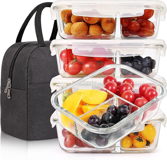 DAS TRUST [5-Pack,36 oz Glass Meal Prep Containers 3 Compartment with Lids, Glass Lunch Containers,Food Prep Lunch Box,Bento Box, Microwave, Oven, Freezer, Dishwasher (4.5 Cups, Clear)