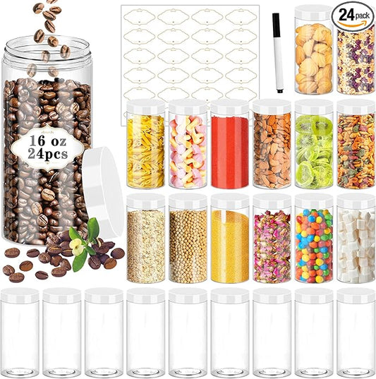 24 Pcs Plastic Jars, 16 OZ Plastic Jars with White Lids Clear Airtight Slime Containers Refillable Round Empty Storage Containers Jar for Kitchen & Household Dry Food Storage