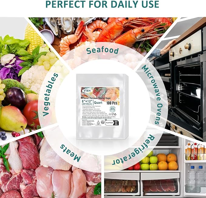 Vacuum Sealer Bags: 100 Quart 8"12" Precut Bags for Food Saver, Commercial Grade, BPA Free, Heavy Duty Sealing Bags for Storage, Meal Prep, Sous Vide